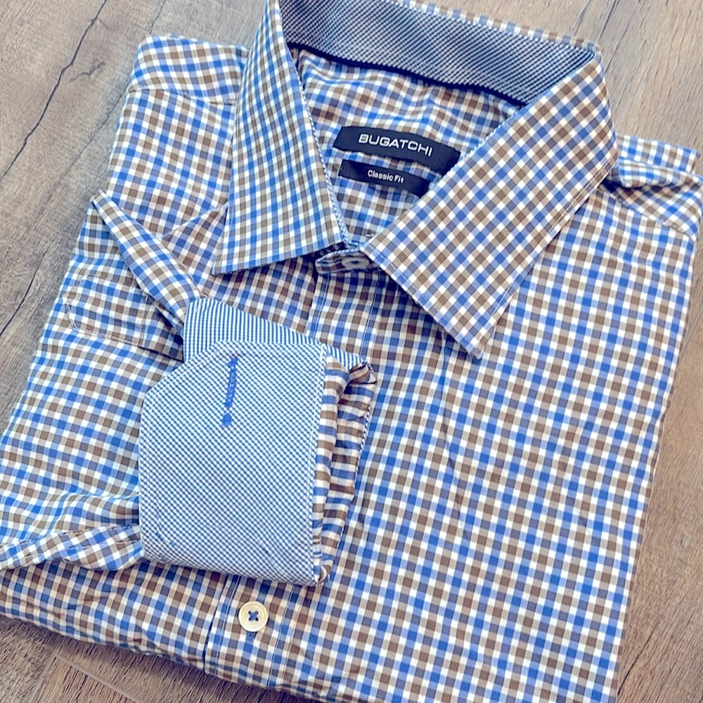 Bugatchi Men's L Blue Brown Casual Button Down Shirt Classic Fit Dress Plaid